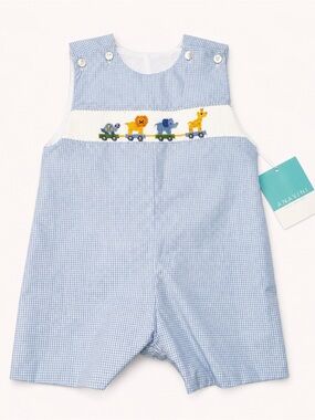 Anavini Blue Gingham Smocked Animal Train Boys Jon Jon